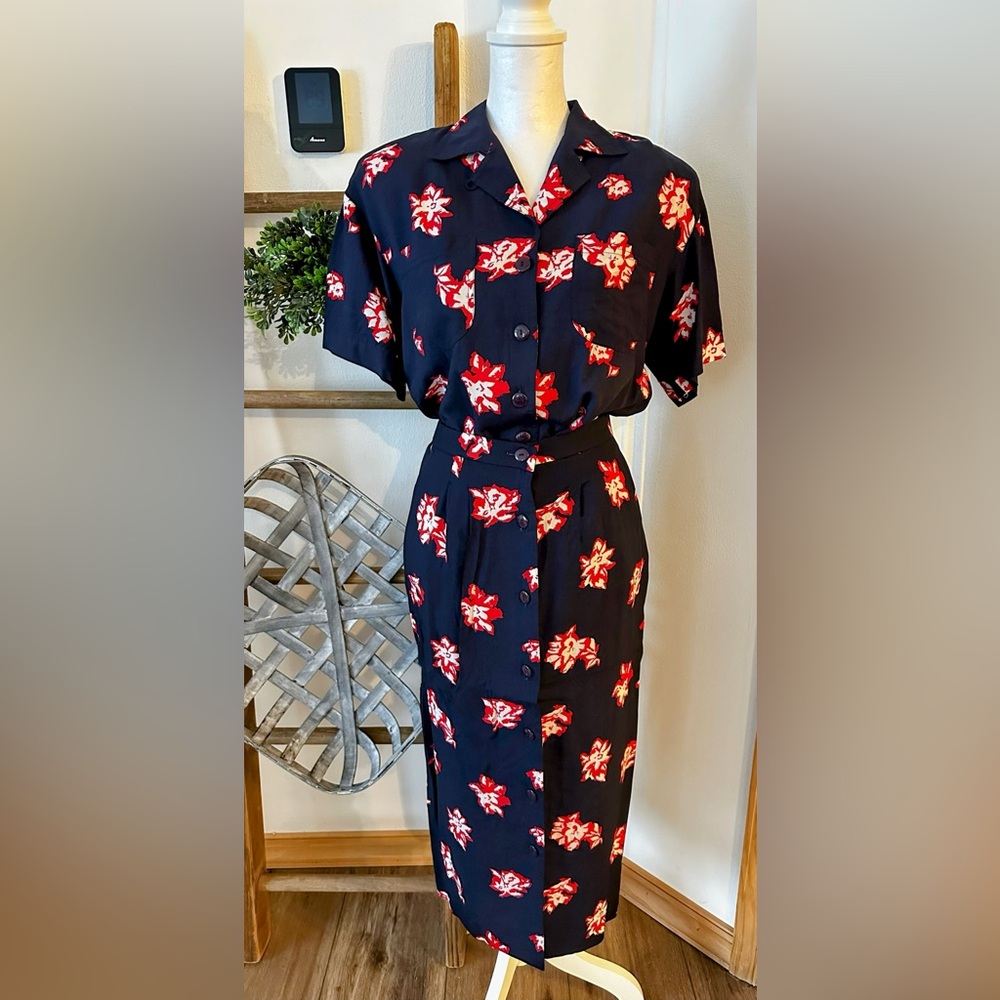 Vintage Liz Claiborne Sportdress 90s Floral Button Down 2-piece Shirt Skirt Set